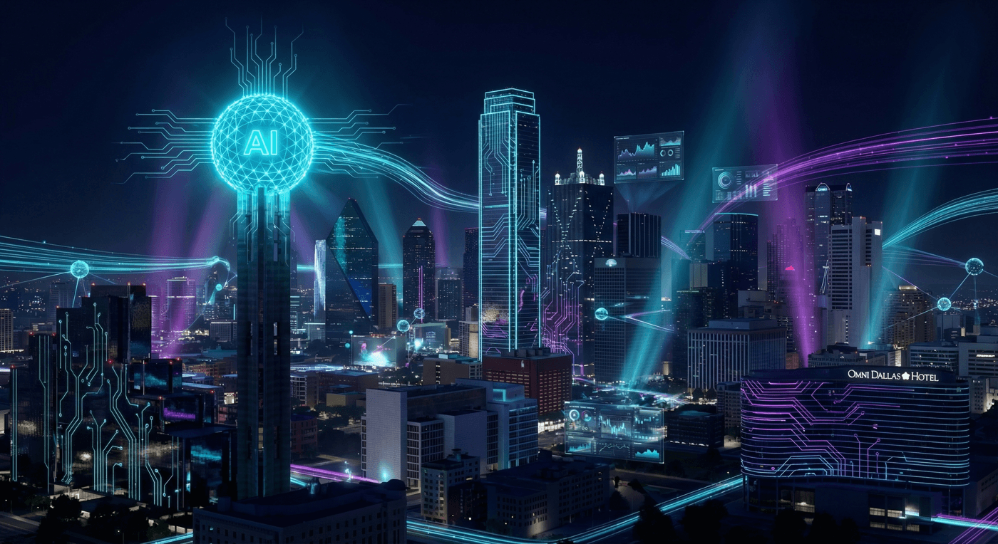 Futuristic AI-enhanced Dallas skyline with Reunion Tower and downtown financial district connected by digital networks