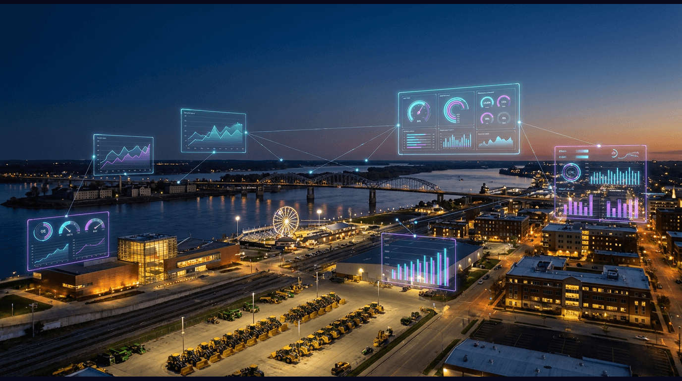 Davenport skyline with the Figge Art Museum, the Modern Woodmen Park Ferris wheel, Rock Island Arsenal on the Mississippi River, John Deere Davenport Works loaders, and the Palmer College of Chiropractic campus against a dark navy sky with cyan and purple holographic data panels
