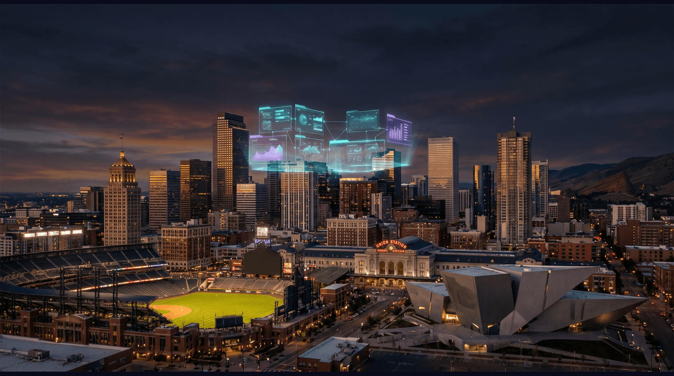 Denver skyline with the Daniels and Fisher Tower, Union Station, Coors Field in LoDo, the Denver Art Museum, and Red Rocks Amphitheatre against the Front Range against a dark navy sky with cyan and purple holographic data panels