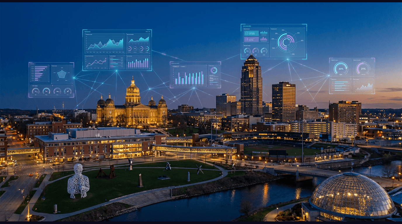 Des Moines skyline with the gold-domed Iowa State Capitol, the Principal Financial Group tower, Pappajohn Sculpture Park, and Principal Park at the confluence of the Des Moines and Raccoon Rivers, downtown skywalks and the Greater Des Moines Botanical Garden conservatory dome against a dark navy sky with cyan and purple holographic data panels