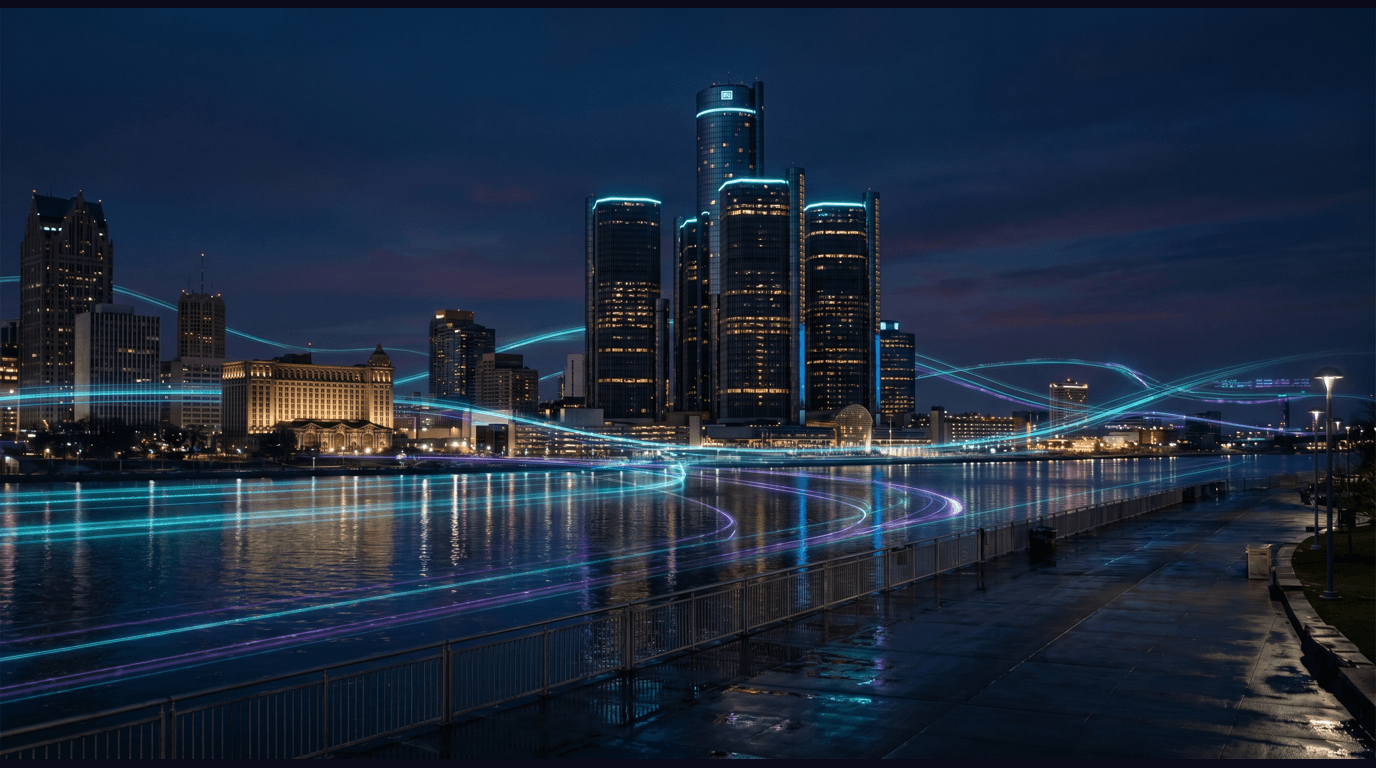 Detroit skyline with the Renaissance Center, Michigan Central Station, Detroit Riverwalk, and Motown Museum against a dark navy sky with cyan and purple holographic data panels