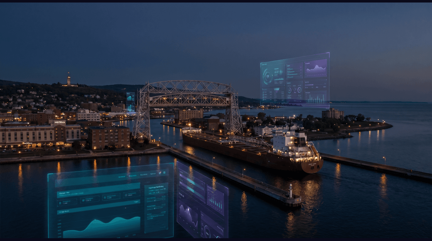 Duluth skyline with the Aerial Lift Bridge, Canal Park, Glensheen Historic Estate, Enger Tower, and Lake Superior harbor shipping against a dark navy sky with cyan and purple holographic data panels