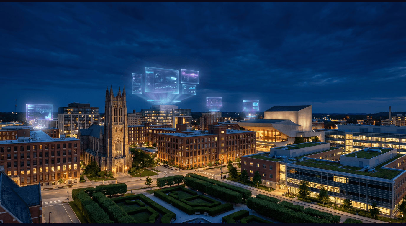 Durham skyline with Duke University Chapel, American Tobacco Campus smokestack, Durham Performing Arts Center, Research Triangle Park research buildings, and Sarah P. Duke Gardens against a dark navy sky with cyan and purple holographic data panels