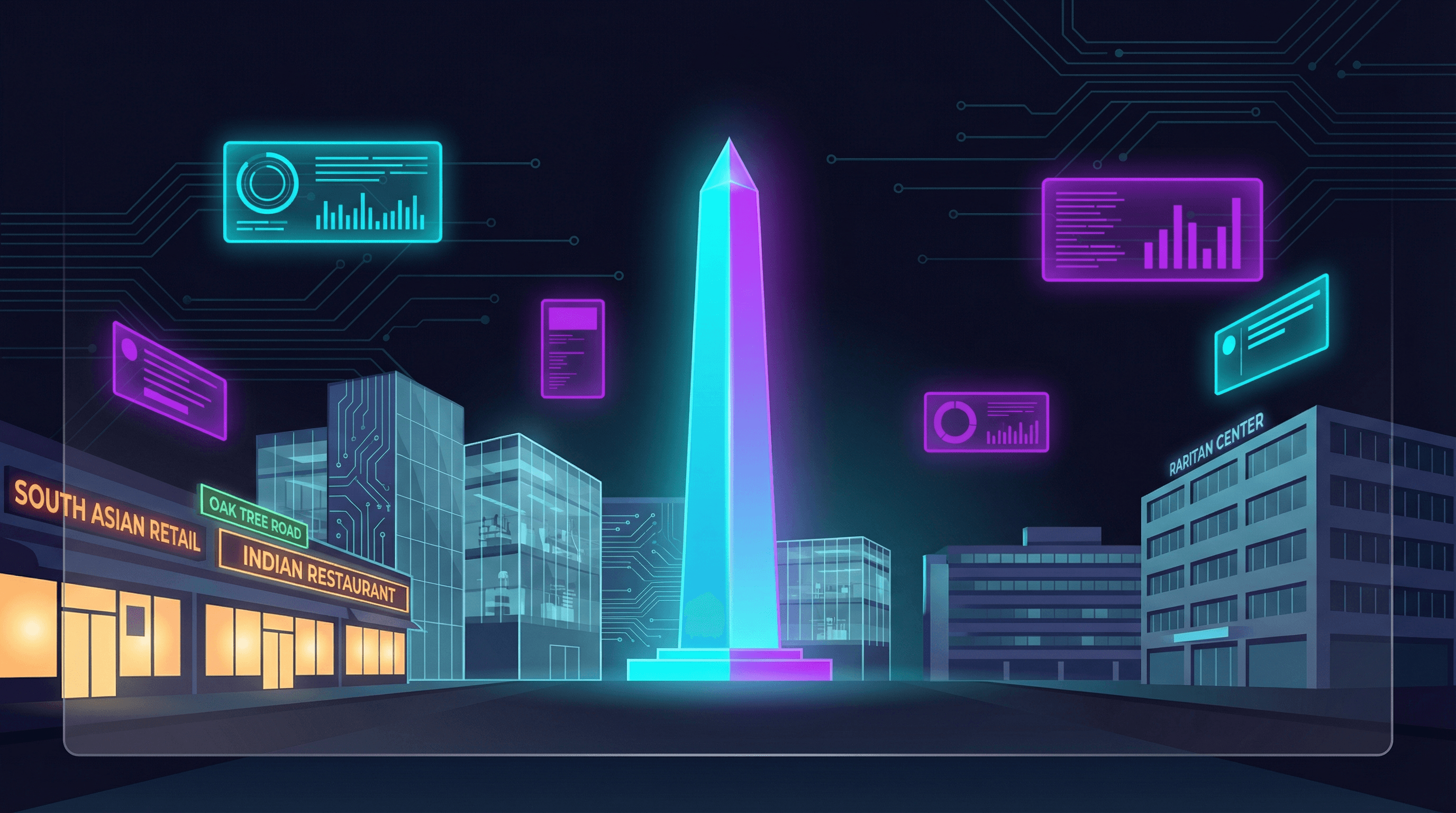 Edison township with Thomas Edison Memorial Tower, pharmaceutical research campus, Oak Tree Road South Asian businesses, and Raritan Center office park against a dark navy sky with cyan and purple holographic data panels