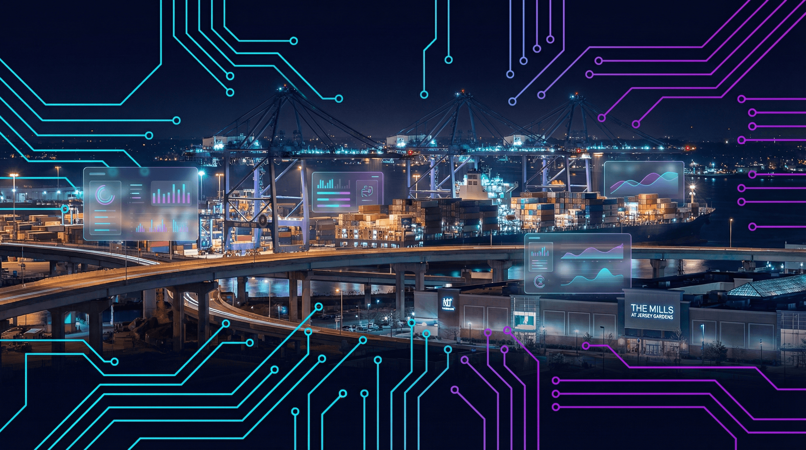 Elizabeth port with container cranes, shipping terminals, New Jersey Turnpike overpass, and The Mills at Jersey Gardens against a dark navy sky with cyan and purple circuit board patterns and glassmorphism data panels