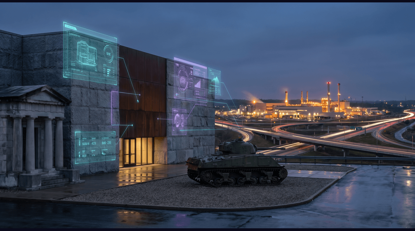 Elizabethtown skyline with the Fort Knox gold vault, the Patton Museum, the Abraham Lincoln Birthplace Memorial, the BlueOval SK Battery Park rendering, and the Bluegrass Parkway interchange against a dark navy sky with cyan and purple holographic data panels