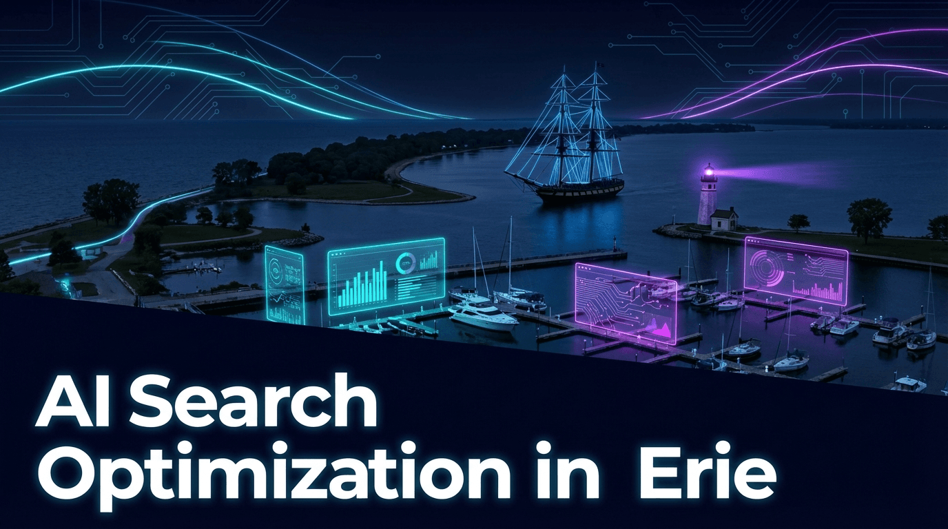 Erie waterfront with Presque Isle peninsula, lighthouse, Brig Niagara tall ship silhouette, harbor with boats, and holographic cyan and purple UI panels against a dark navy sky with circuit board traces