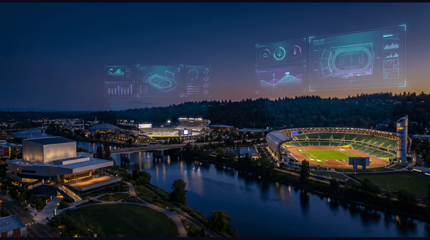 Eugene skyline with University of Oregon Hayward Field grandstands, Autzen Stadium across the Willamette River, the Hult Center performing arts complex, Spencer Butte forested ridge, and the Willamette River against a dark navy sky with cyan and purple holographic data panels