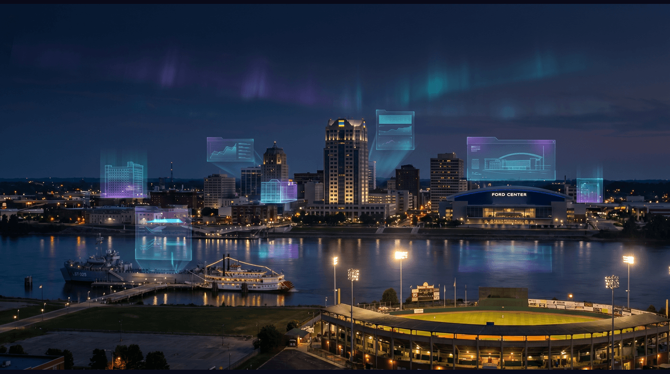 Evansville skyline with Old National Bank tower, Ford Center arena, Bosse Field historic ballpark, USS LST-325 ship on the Ohio River, and Pagoda riverfront against a dark navy sky with cyan and purple holographic data panels