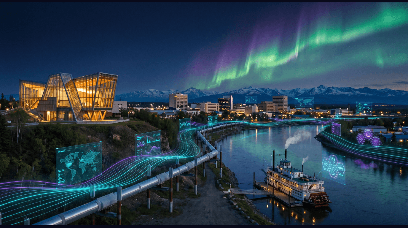 Fairbanks skyline with Chena River downtown, University of Alaska Fairbanks Museum of the North, Trans-Alaska Pipeline viewpoint, Pioneer Park sternwheeler, and aurora borealis above the Alaska Range against a dark navy sky with cyan and purple holographic data panels