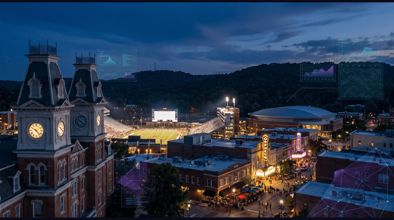 Fayetteville skyline with the University of Arkansas Old Main twin towers, Razorback Stadium, Bud Walton Arena, the Walton Arts Center on Dickson Street, and Ozark Mountain backdrop against a dark navy sky with cyan and purple holographic data panels