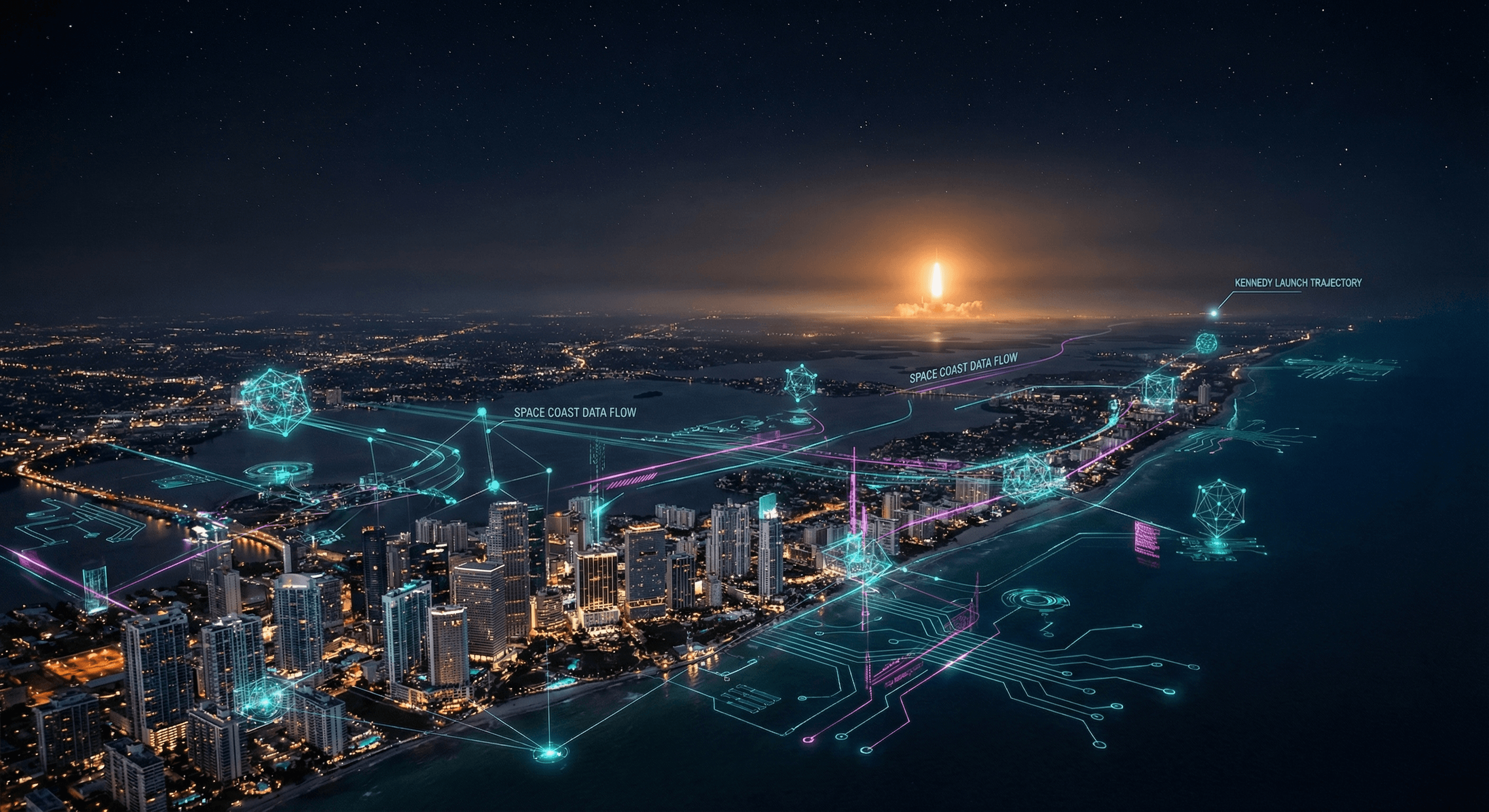 Photorealistic nighttime aerial view of Florida's coastline with holographic AI network overlays connecting Miami, Orlando, and Tampa skylines in cyan and purple gradient lighting