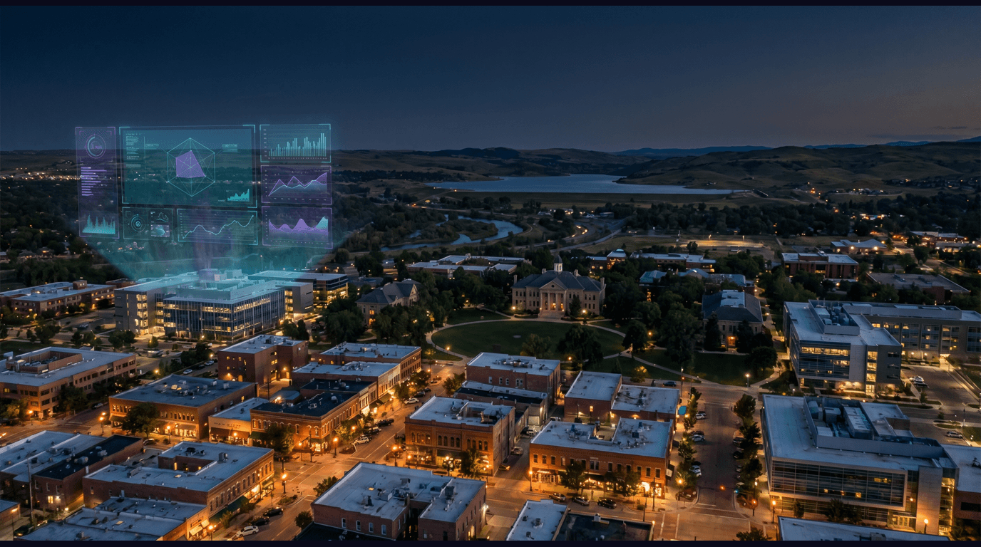 Fort Collins skyline with Old Town Square historic storefronts, the Colorado State University Oval and Old Main, Horsetooth Reservoir in the foothills, the Cache la Poudre River, and New Belgium Brewing campus against a dark navy sky with cyan and purple holographic data panels