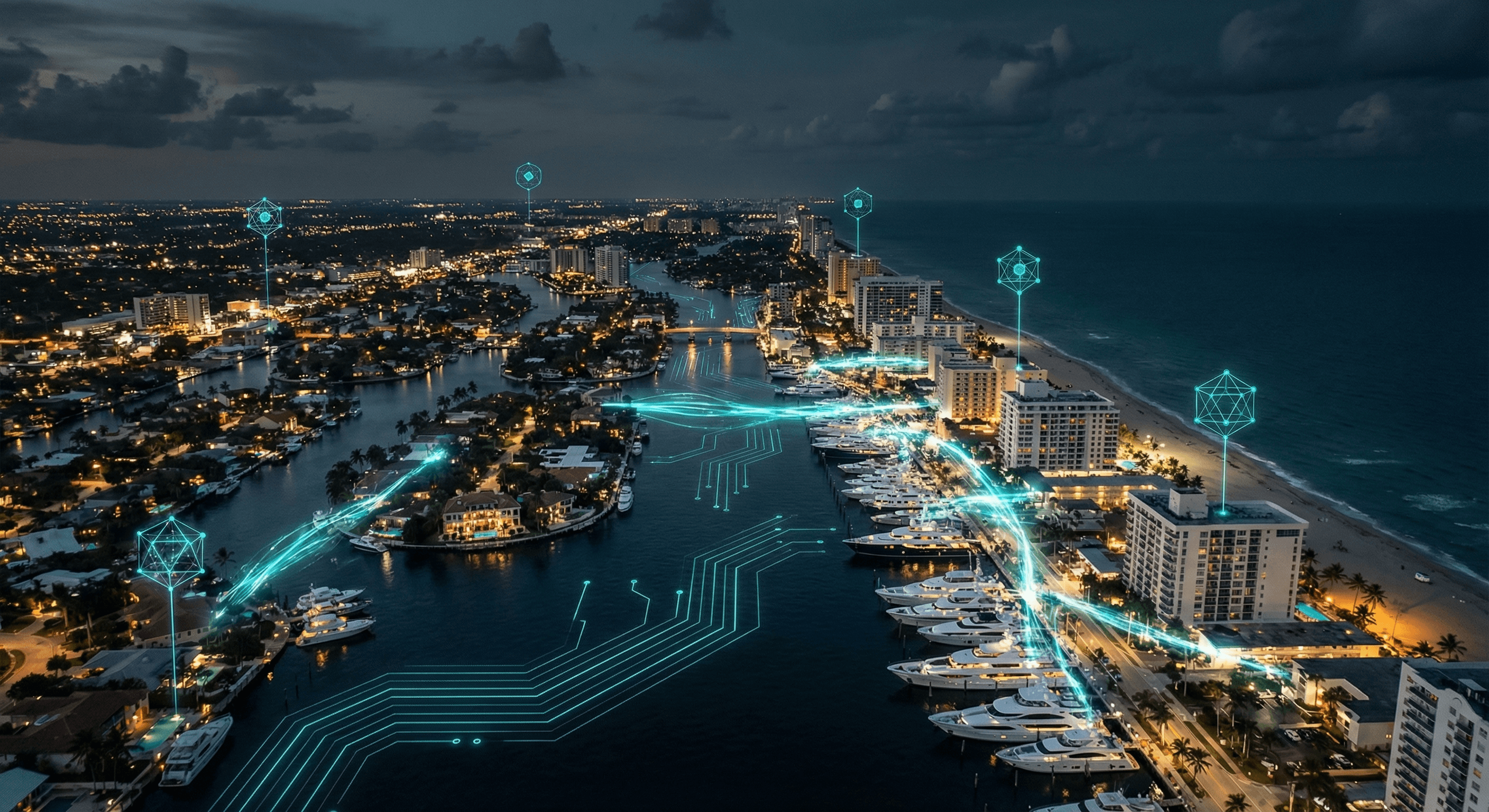 Photorealistic nighttime aerial view of Fort Lauderdale's waterway district with luxury yachts and holographic AR overlays in cyan and purple lighting representing AI-powered business optimization across Broward County