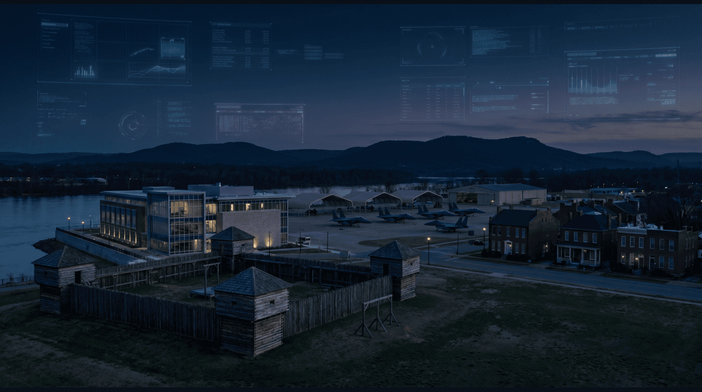 Fort Smith skyline with the Fort Smith National Historic Site frontier fort and gallows, the U.S. Marshals Museum on the Arkansas River, the Ebbing Air National Guard Base flight line, the Belle Grove Historic District homes, and the Ouachita Mountain backdrop against a dark navy sky with cyan and purple holographic data panels