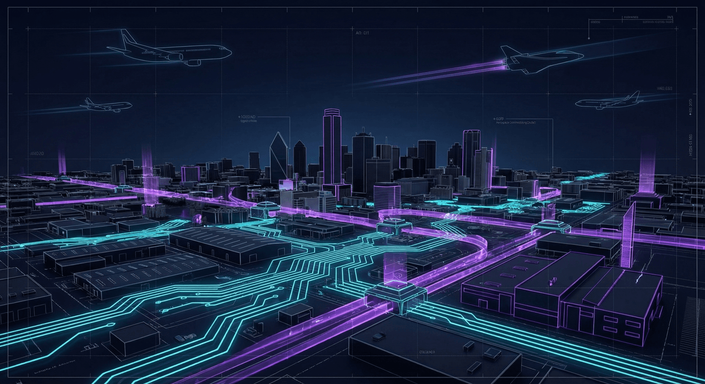 Futuristic AI-enhanced Fort Worth skyline with the Stockyards district and downtown connected by digital networks