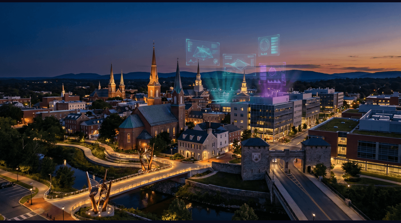 Frederick skyline with the historic Frederick clustered church spires, Carroll Creek Linear Park promenade, Fort Detrick gate, the AstraZeneca biopharmaceutical campus, and Catoctin Mountain in the distance against a dark navy sky with cyan and purple holographic data panels