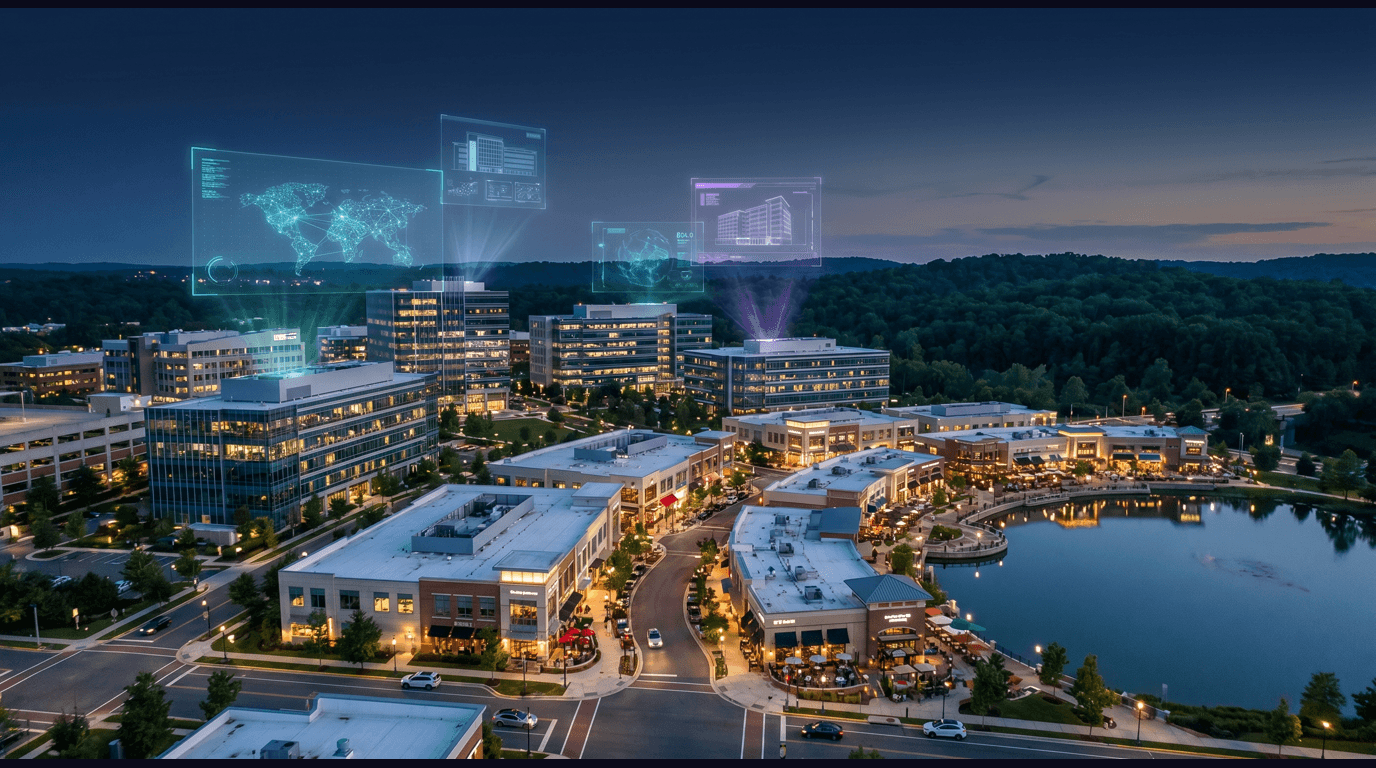 Gaithersburg skyline with the National Institute of Standards and Technology campus, the AstraZeneca biopharmaceutical buildings, Kentlands Main Street pedestrian corridor, the Rio Washingtonian Center waterfront, and Seneca Creek State Park forest in the distance against a dark navy sky with cyan and purple holographic data panels