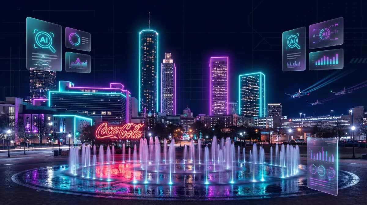 Nighttime Atlanta skyline with glowing high-rises, planes descending into Hartsfield-Jackson, and the neon Coca-Cola sign reflecting on the Centennial Olympic Park fountain, overlaid with holographic AI search result cards.