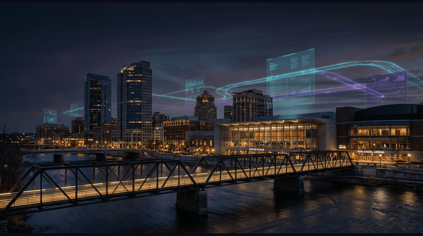 Grand Rapids skyline with Van Andel Arena, the Blue Bridge over the Grand River, Frederik Meijer Gardens, and the Gerald R. Ford Presidential Museum against a dark navy sky with cyan and purple holographic data panels