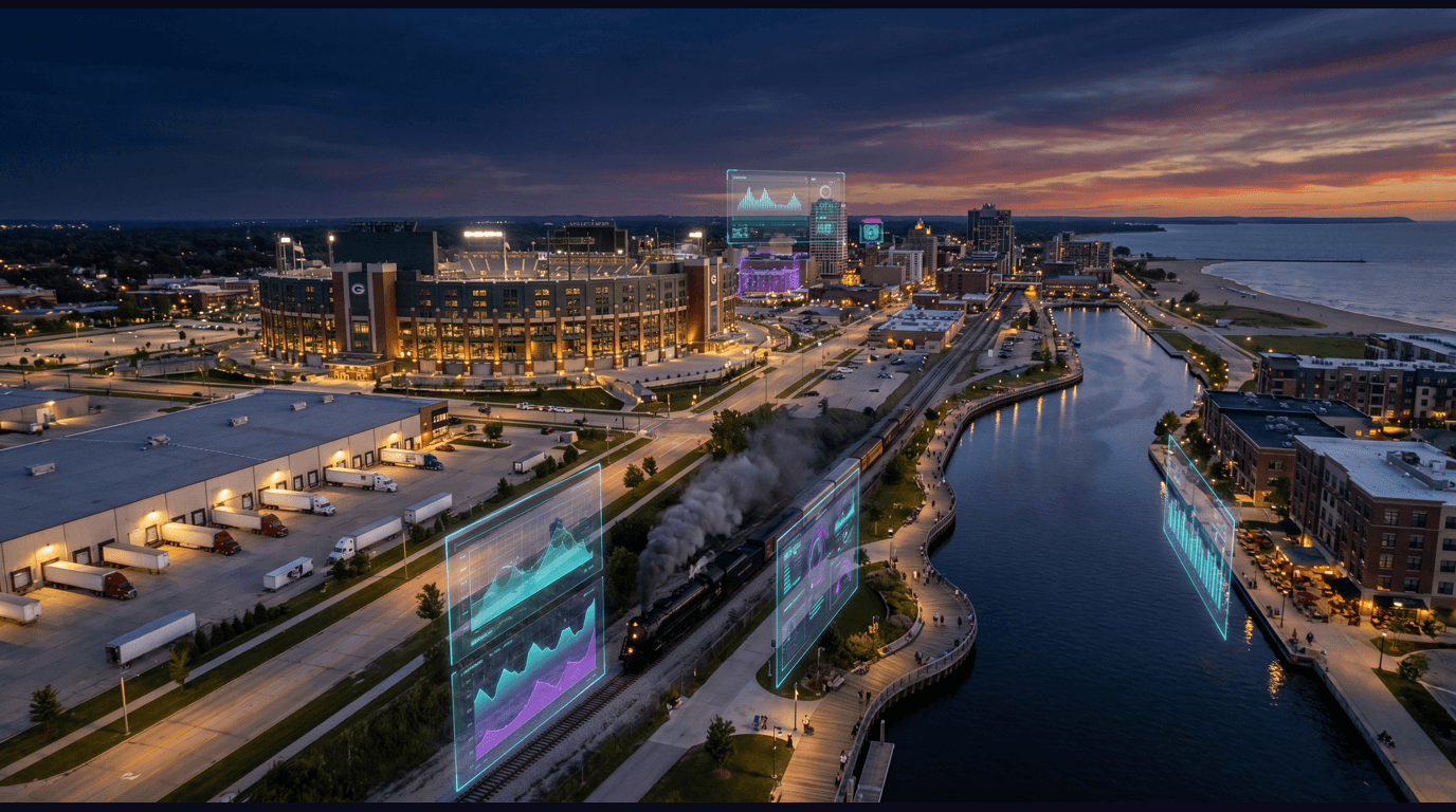 Green Bay skyline with Lambeau Field grandstands at sunset, the Schneider National corporate campus, the Fox River and CityDeck waterfront, the National Railroad Museum locomotives, and the Bay Beach Lake Michigan shoreline against a dark navy sky with cyan and purple holographic data panels