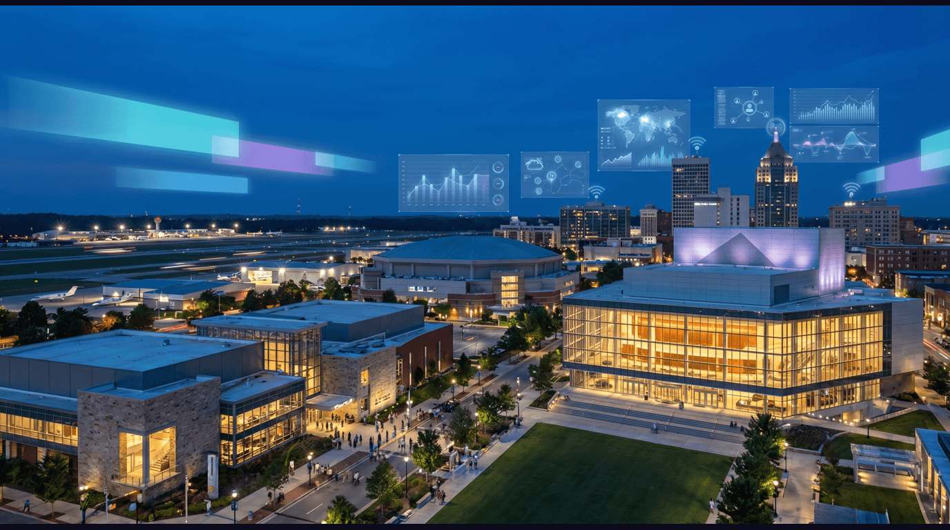 Greensboro skyline with Steven Tanger Center, International Civil Rights Center and Museum, LeBauer Park, Greensboro Coliseum, and HondaJet aircraft at Piedmont Triad International Airport against a dark navy sky with cyan and purple holographic data panels