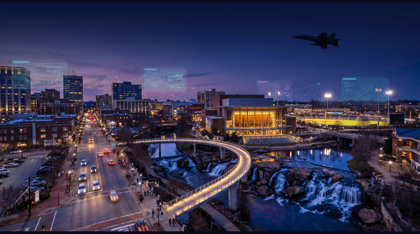 Greenville skyline with the Liberty Bridge curving over Falls Park on the Reedy, Main Street's downtown corridor, Fluor Field at the West End grandstands, the Peace Center facade, and a Lockheed Martin F-16 silhouette against a dark navy sky with cyan and purple holographic data panels