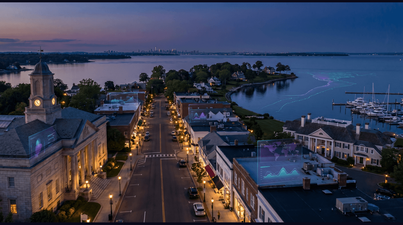Greenwich skyline with Greenwich Avenue retail corridor, Bruce Museum facade, Belle Haven harbor, Greenwich Point peninsula, and Round Hill estates against a dark navy sky with cyan and purple holographic data panels