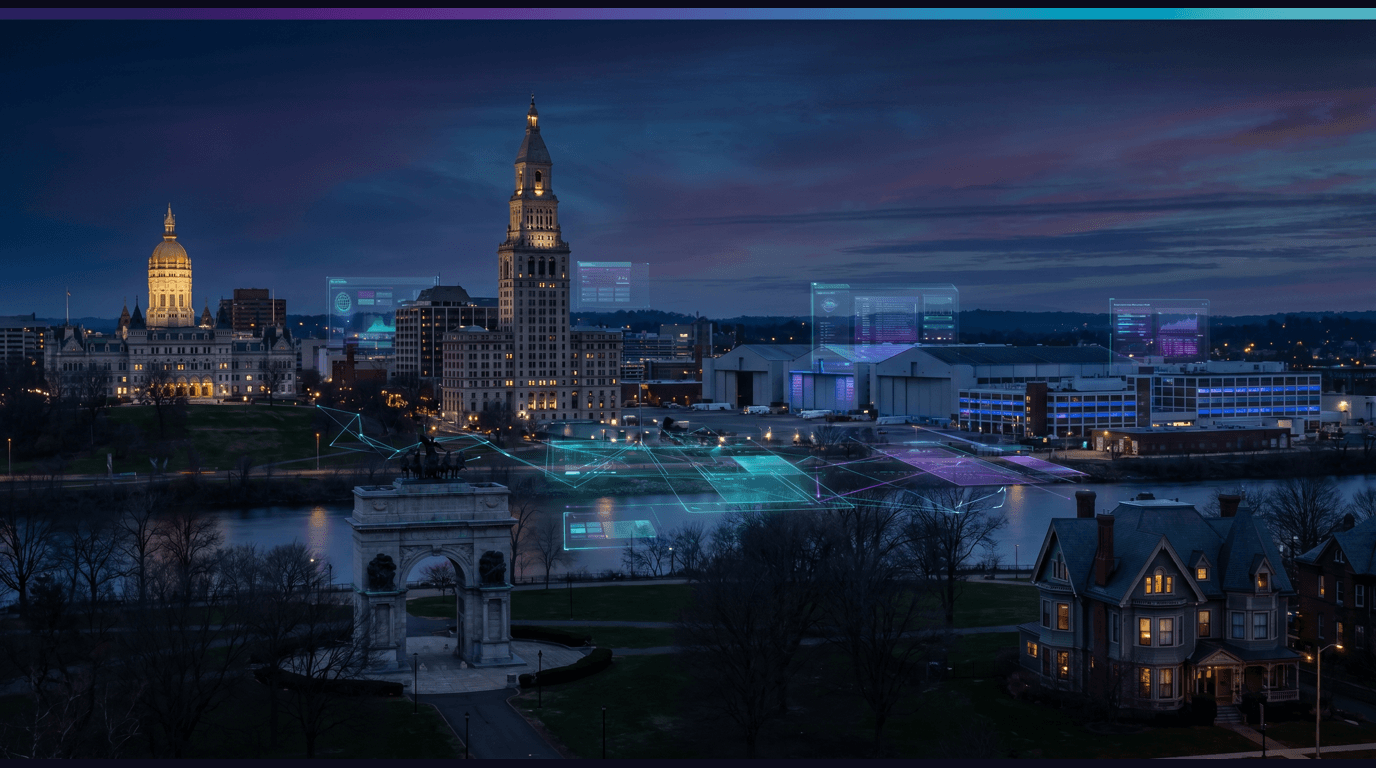 Hartford skyline with Travelers Tower, gold-domed Connecticut State Capitol, Mark Twain House gables, Bushnell Park trees, and Pratt & Whitney jet-engine campus across the river against a dark navy sky with cyan and purple holographic data panels