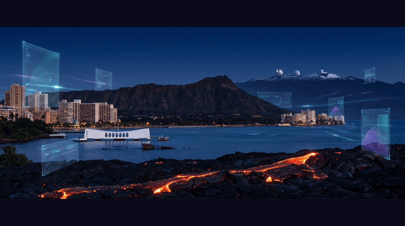 Hawaii skyline with Diamond Head crater, Waikiki Beach hotels, Pearl Harbor USS Arizona Memorial, Mauna Kea Observatories, and Hawaii Volcanoes National Park lava flows against a dark navy sky with cyan and purple holographic data panels