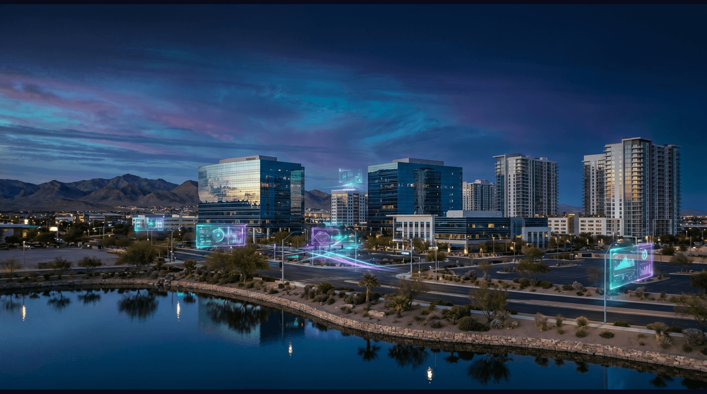 Henderson skyline with Lake Las Vegas waterfront resorts, Sloan Canyon McCullough Range, Green Valley Ranch district, Las Vegas Raiders headquarters campus, and Black Mountain backdrop against a dark navy sky with cyan and purple holographic data panels