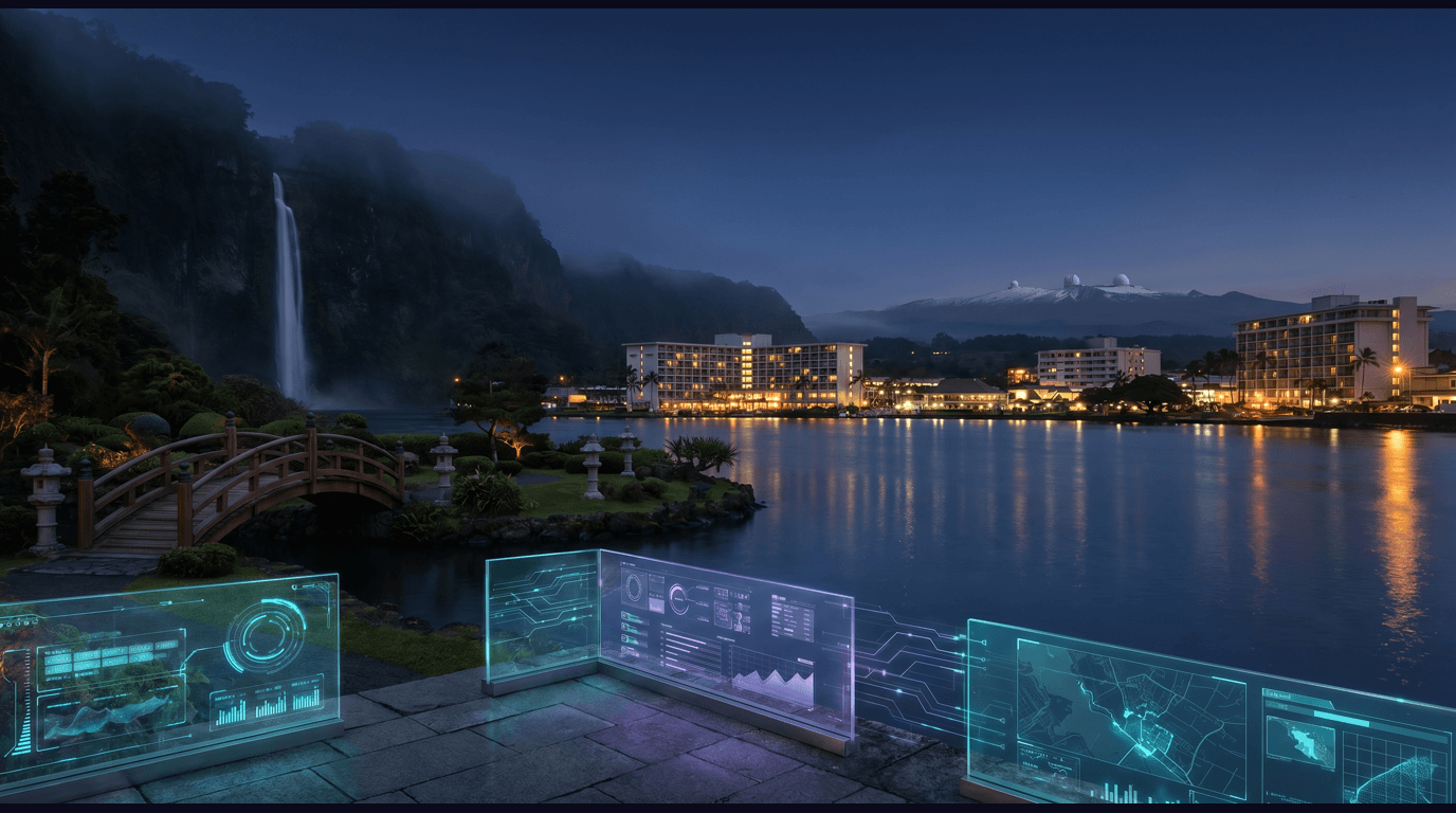 Hilo skyline with Banyan Drive hotels, Liliuokalani Park Japanese gardens, Mauna Kea summit observatories, Rainbow Falls, and the Hilo Bay waterfront against a dark navy sky with cyan and purple holographic data panels
