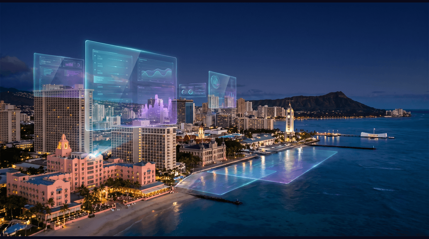 Honolulu skyline with Diamond Head crater, Waikiki Beach hotels, Aloha Tower harbor, Iolani Palace, and Pearl Harbor USS Arizona Memorial against a dark navy sky with cyan and purple holographic data panels