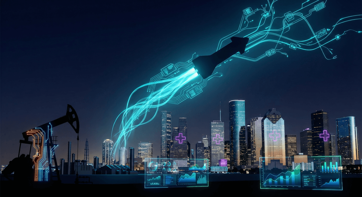 Futuristic AI-enhanced Houston skyline with the Texas Medical Center and energy corridor connected by digital networks
