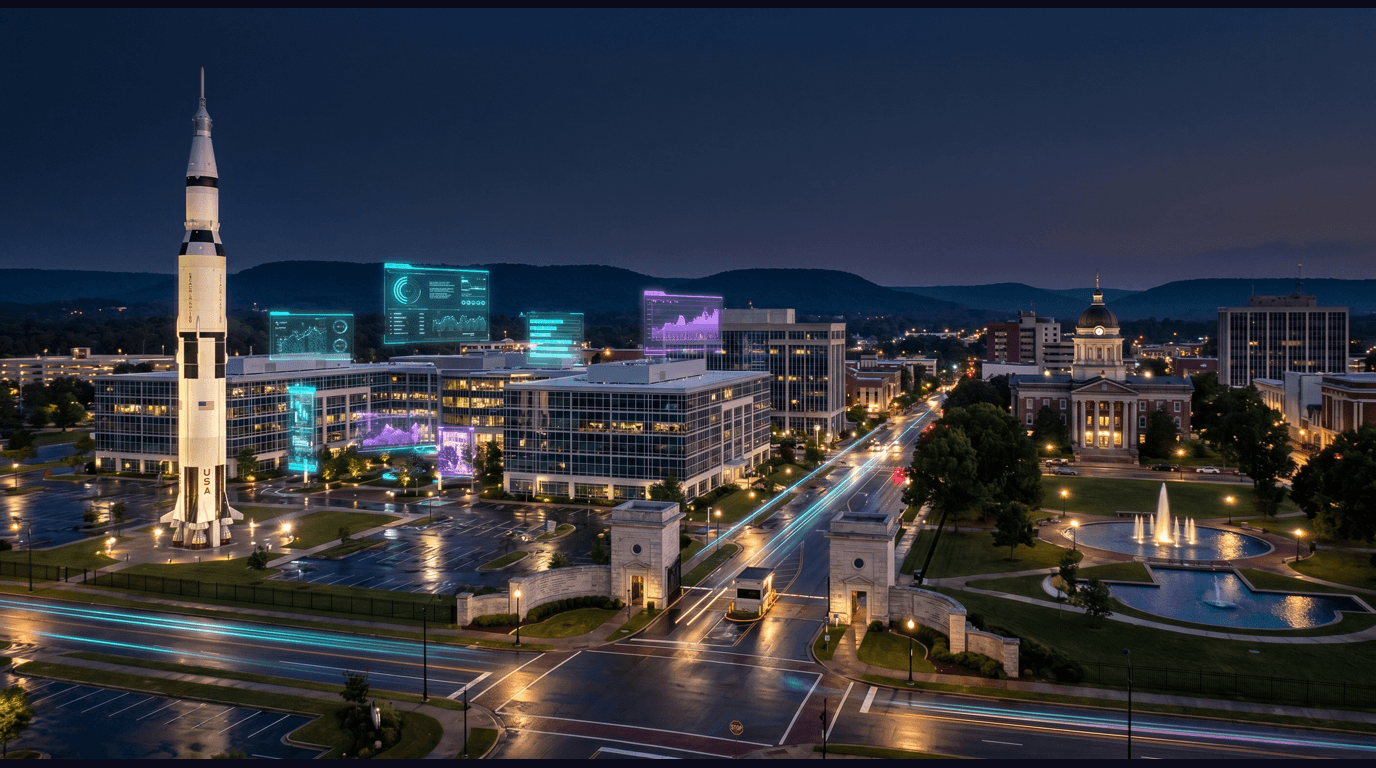 Huntsville skyline with the Saturn V rocket at the U.S. Space and Rocket Center, Cummings Research Park towers, Redstone Arsenal gates, Big Spring International Park, and the Tennessee River foothills against a dark navy sky with cyan and purple holographic data panels