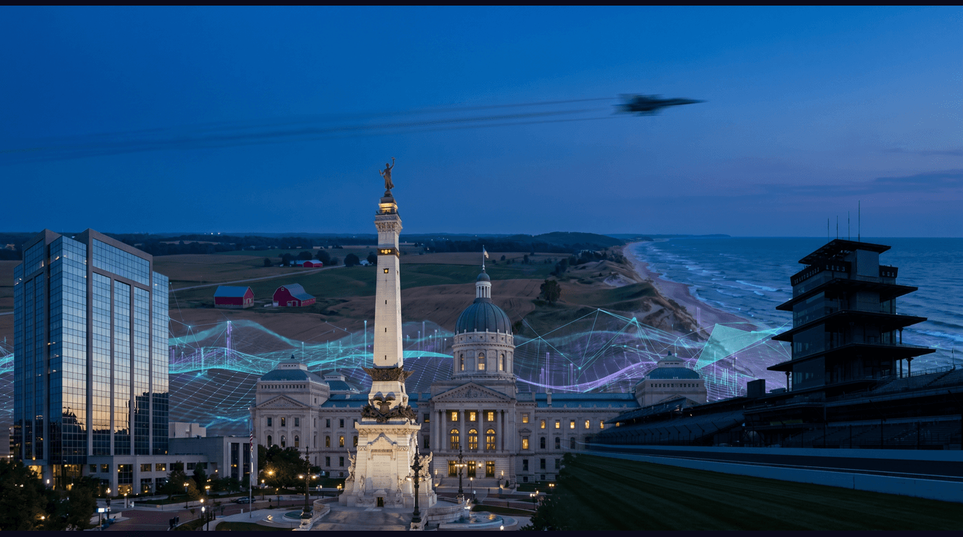 Indiana skyline with Indianapolis Soldiers and Sailors Monument, Indianapolis Motor Speedway pagoda, Indiana Statehouse dome, Indiana Dunes Lake Michigan shoreline, and Eli Lilly headquarters against a dark navy sky with cyan and purple holographic data panels