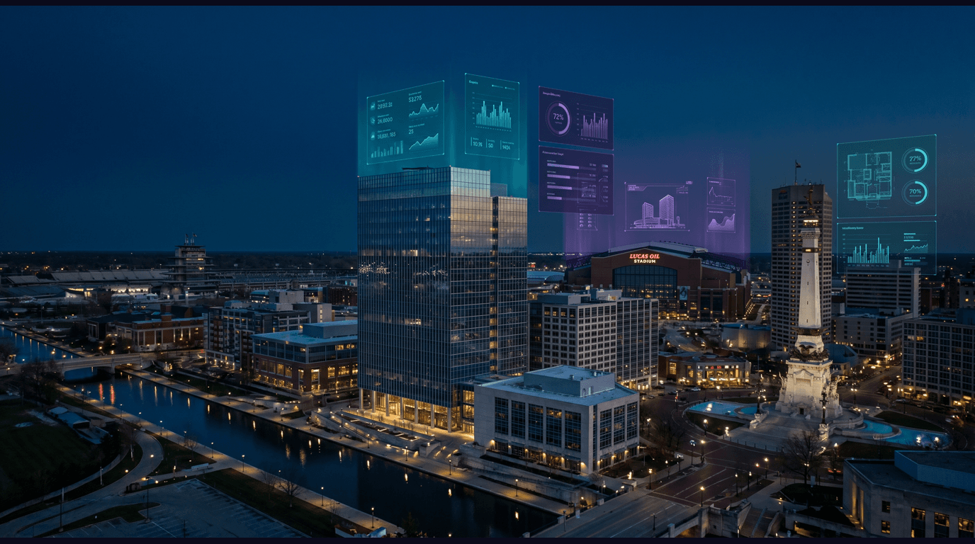 Indianapolis skyline with Soldiers and Sailors Monument, Indianapolis Motor Speedway pagoda, Lucas Oil Stadium retractable roof, Indiana Statehouse dome, and White River State Park against a dark navy sky with cyan and purple holographic data panels