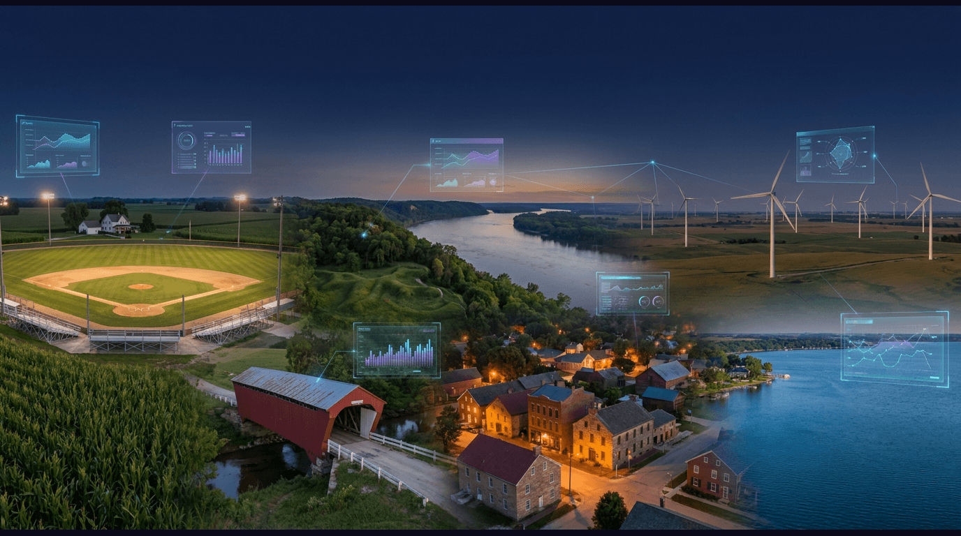 Iowa skyline with the Field of Dreams diamond and cornfield, Madison County's Roseman Covered Bridge, the Effigy Mounds bluffs above the Mississippi River, and the Amana Colonies villages, with wind turbines across the prairie and West Lake Okoboji, against a dark navy sky with cyan and purple holographic data panels