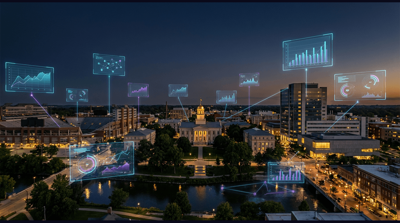 Iowa City skyline with the gold-domed Old Capitol on the Pentacrest, Kinnick Stadium, the UI Stead Family Children's Hospital tower, and the Stanley Museum of Art, with the Iowa River and the Pedestrian Mall in the foreground against a dark navy sky with cyan and purple holographic data panels