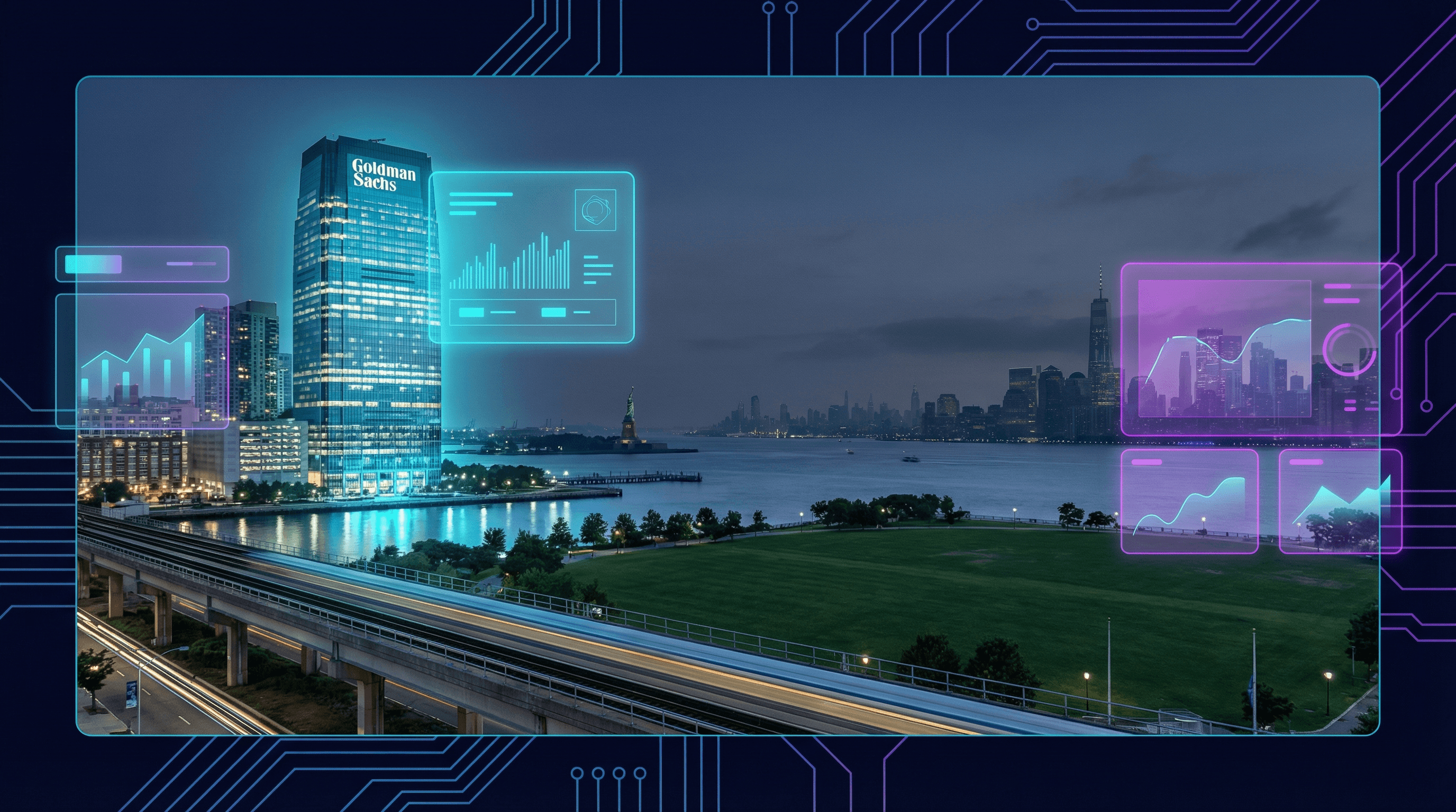Jersey City waterfront with Goldman Sachs tower, PATH train, Liberty State Park, Statue of Liberty in background, and Manhattan skyline against a dark navy sky with cyan and purple holographic data panels