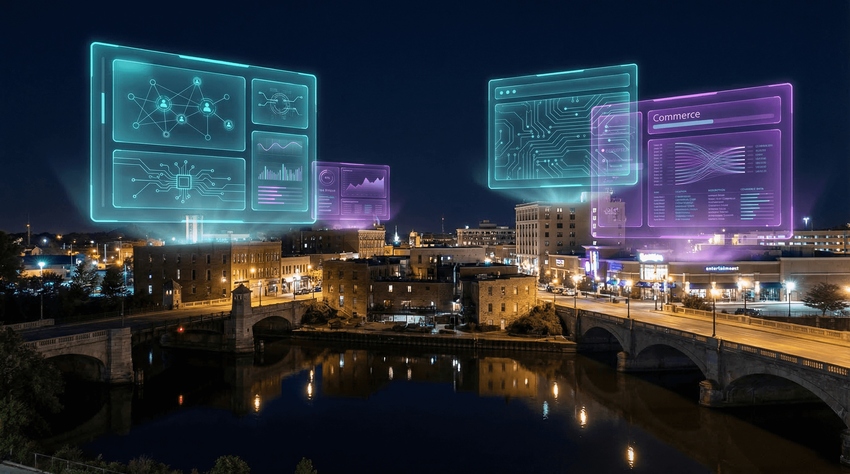 Joliet downtown at night with Rialto Theatre and Route 66 signage, holographic AI search overlays