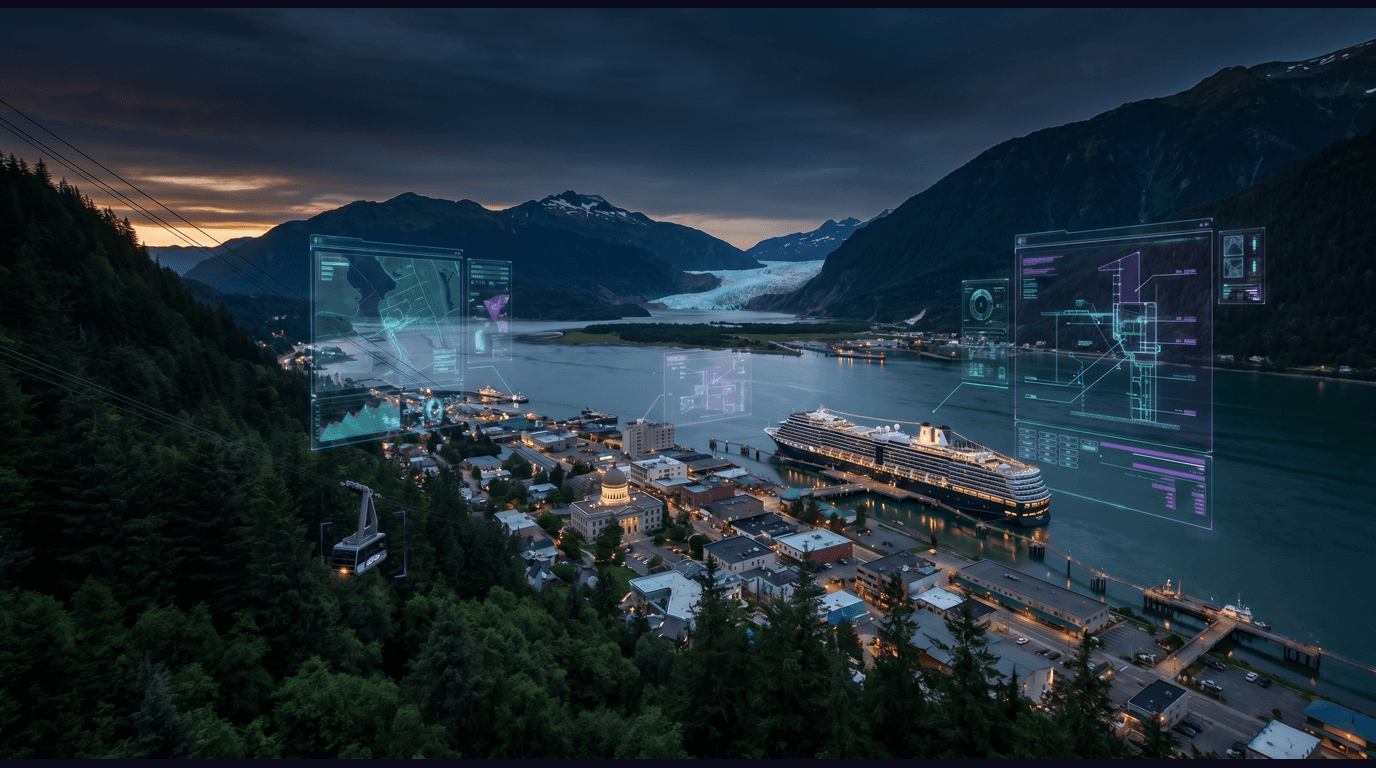 Juneau skyline with Alaska State Capitol, Mount Roberts Tramway, Mendenhall Glacier, Gastineau Channel cruise dock, and Tongass rainforest against a dark navy sky with cyan and purple holographic data panels