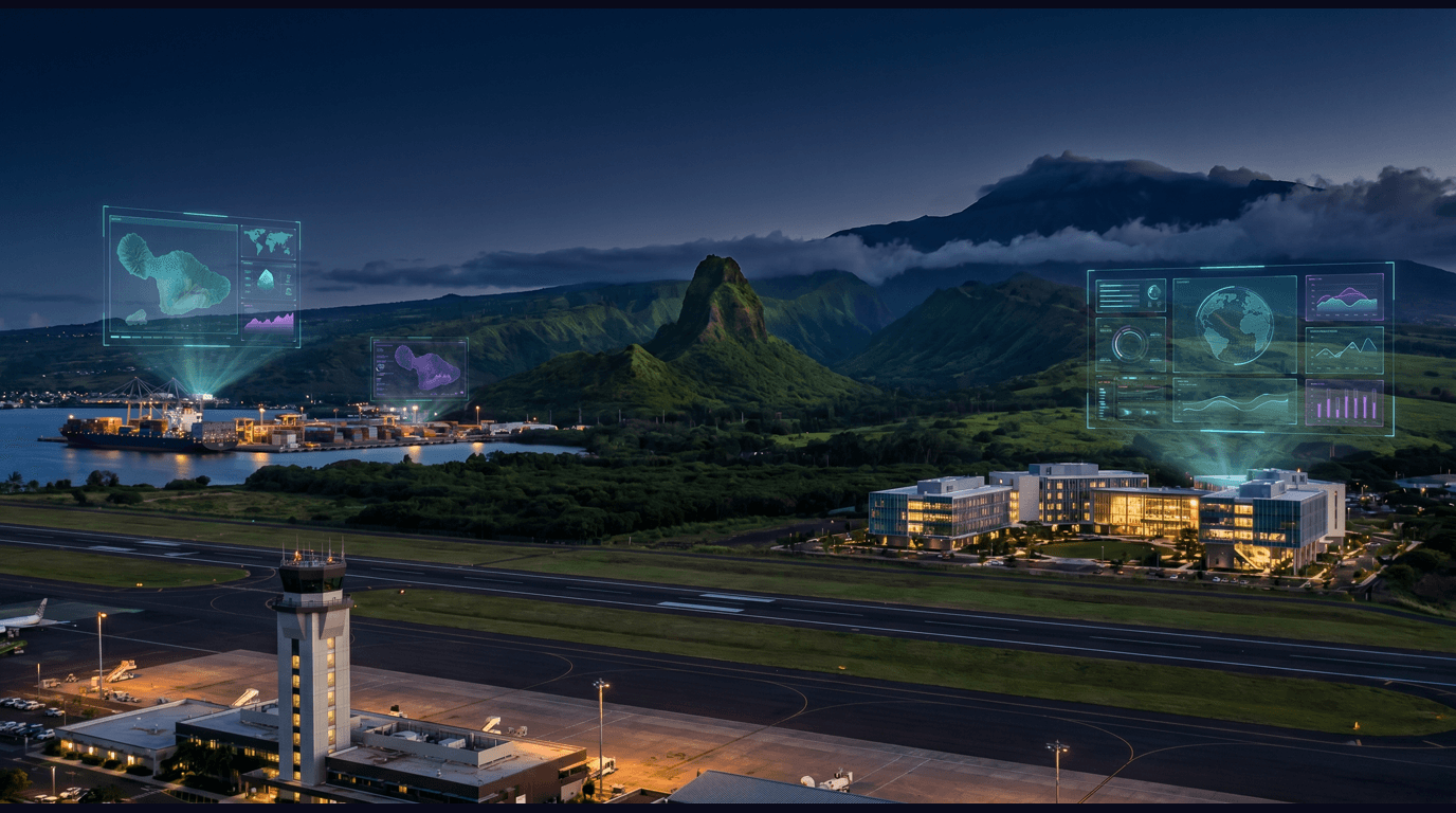 Kahului skyline with Kahului Airport, Kahului Harbor container piers, Iao Valley needle, Haleakala summit, and the Maui Arts and Cultural Center against a dark navy sky with cyan and purple holographic data panels