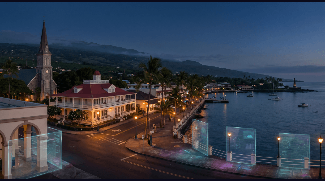 Kailua-Kona skyline with Hulihee Palace, Mokuaikaua Church, Alii Drive waterfront, the Kona Coffee Belt slopes of Hualalai, and Kealakekua Bay against a dark navy sky with cyan and purple holographic data panels