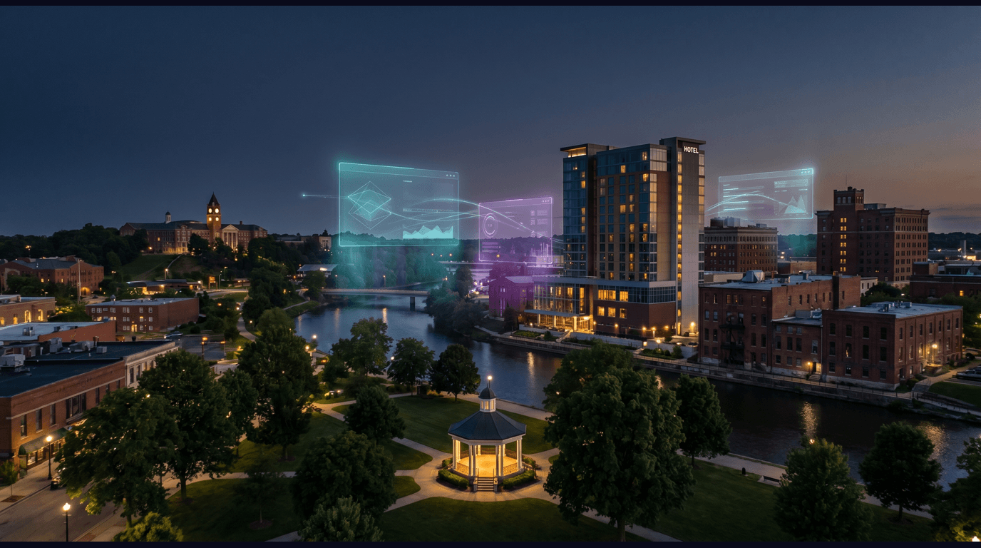 Kalamazoo skyline with the Kalamazoo Institute of Arts, Bronson Park, Western Michigan University's Heritage Hall, and the Kalamazoo River against a dark navy sky with cyan and purple holographic data panels