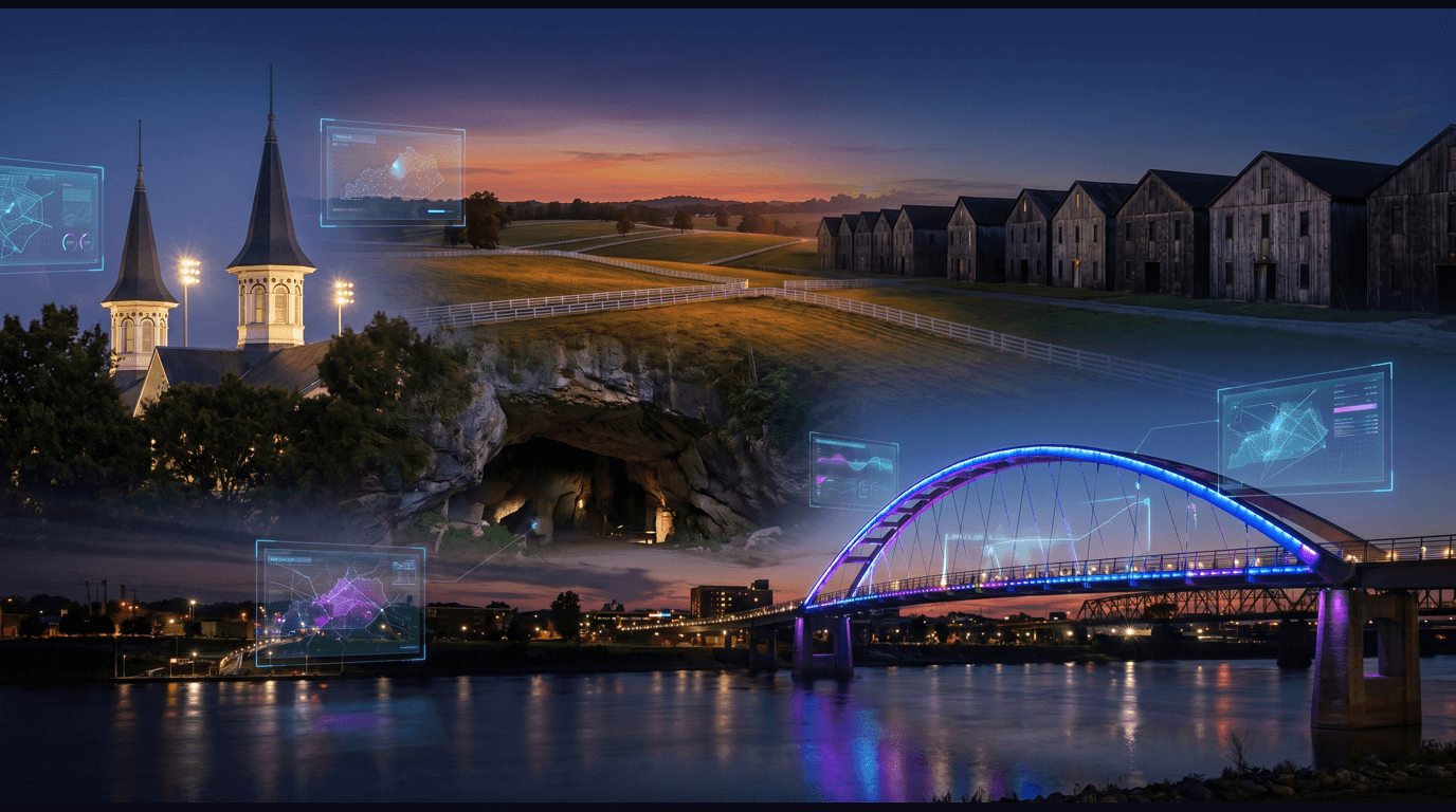 Kentucky skyline with Louisville waterfront, Churchill Downs twin spires, Mammoth Cave entrance, Bluegrass horse pasture, and bourbon barrel rickhouses against a dark navy sky with cyan and purple holographic data panels