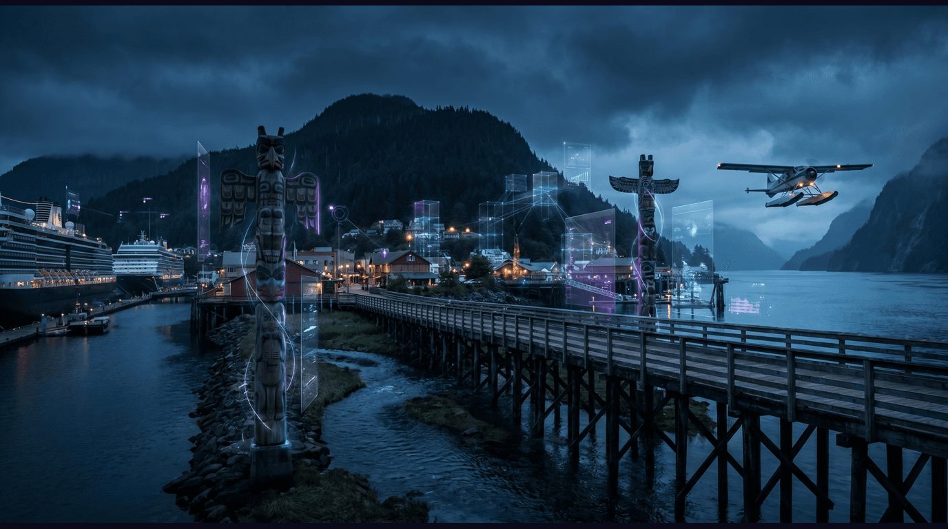 Ketchikan skyline with Creek Street boardwalk, Saxman totem poles, downtown cruise ship berths, Misty Fjords floatplane, and Deer Mountain rising over Tongass rainforest against a dark navy sky with cyan and purple holographic data panels