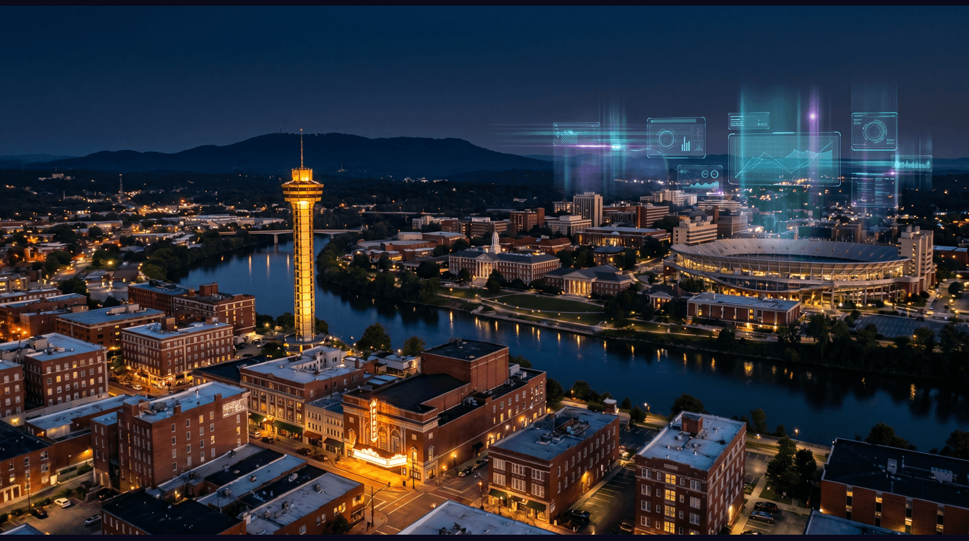 Knoxville skyline with the Sunsphere and World's Fair Park, Market Square historic storefronts, Tennessee Theatre marquee, University of Tennessee campus, and the Smoky Mountains in the distance against a dark navy sky with cyan and purple holographic data panels