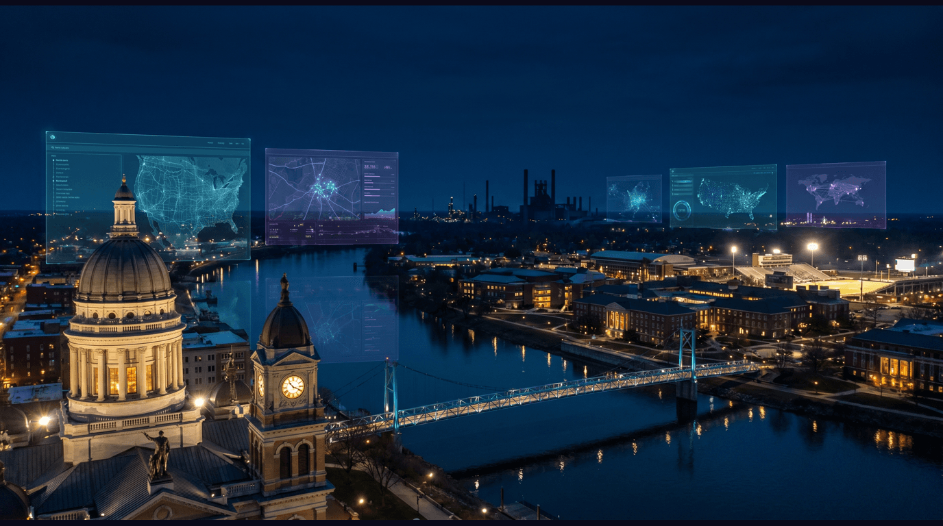 Lafayette skyline with Tippecanoe County Courthouse dome, Purdue University Bell Tower across the Wabash River, Ross-Ade Stadium, John T. Myers Pedestrian Bridge, and Subaru of Indiana plant against a dark navy sky with cyan and purple holographic data panels