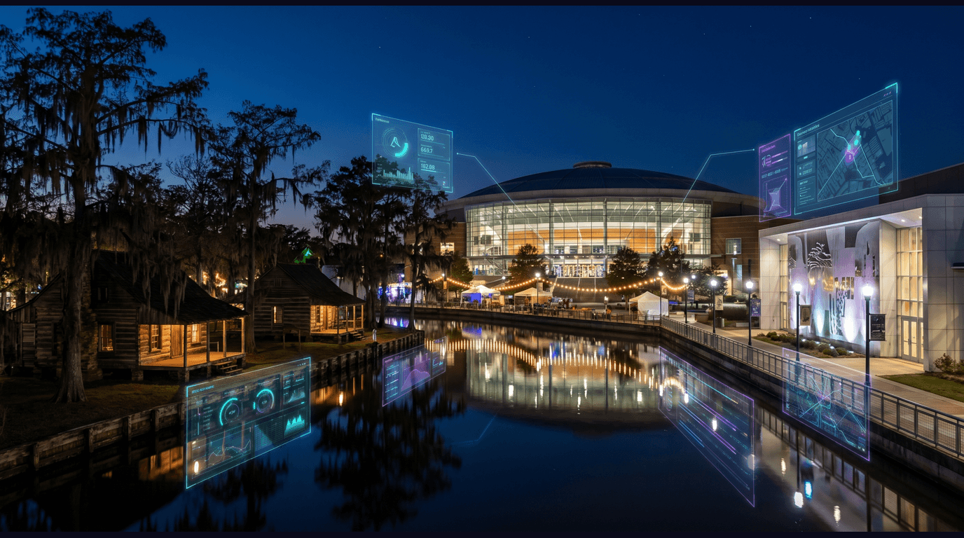 Lafayette skyline with the Cajundome arena, Vermilionville bayou-front cabins, Acadian Cultural Center, Festival International stages on Jefferson Street, and the Bayou Vermilion cypress against a dark navy sky with cyan and purple holographic data panels
